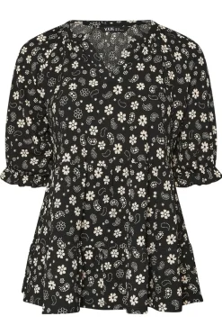 Yours Curve Black Floral Paisley Print Tiered Top