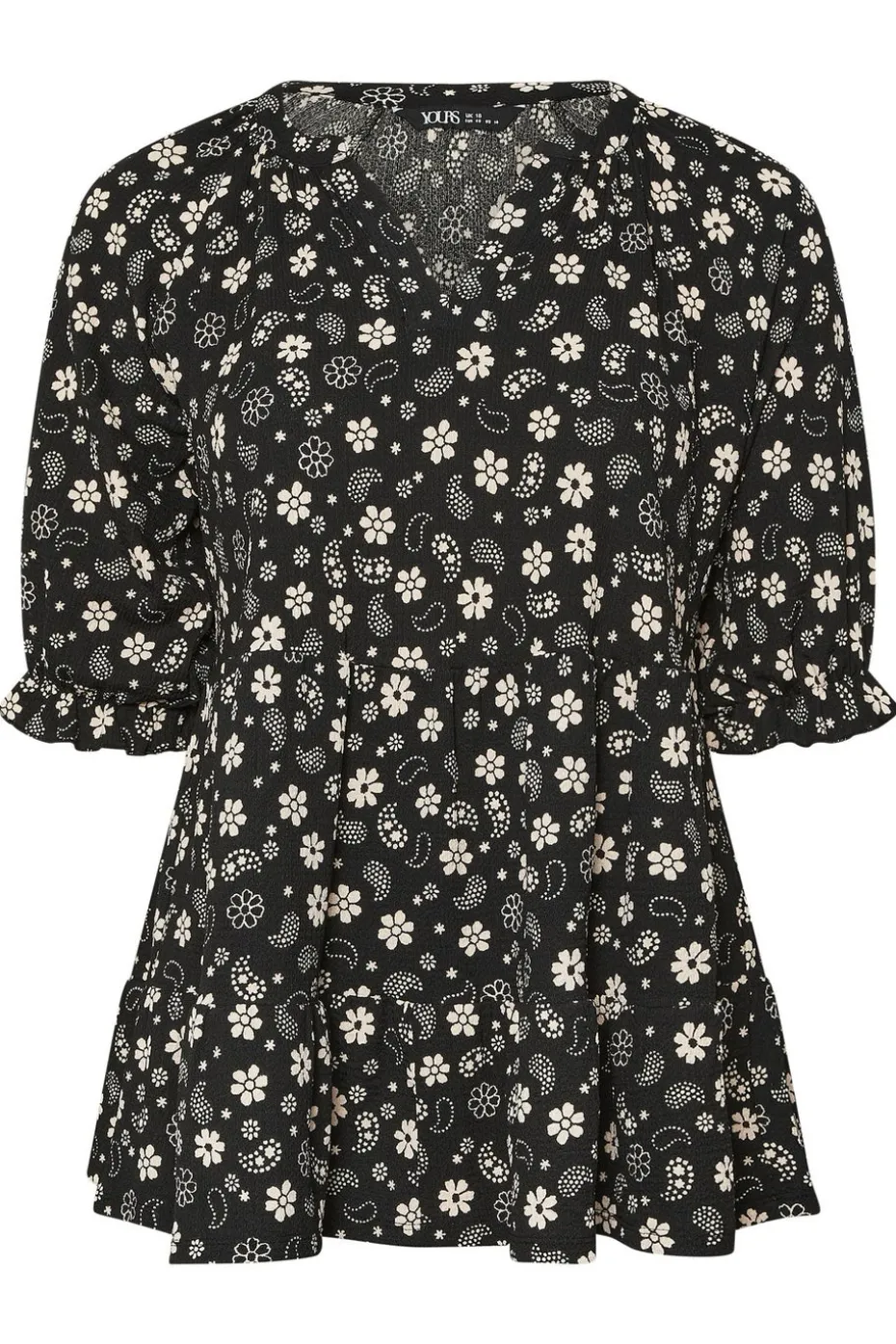 Yours Curve Black Floral Paisley Print Tiered Top