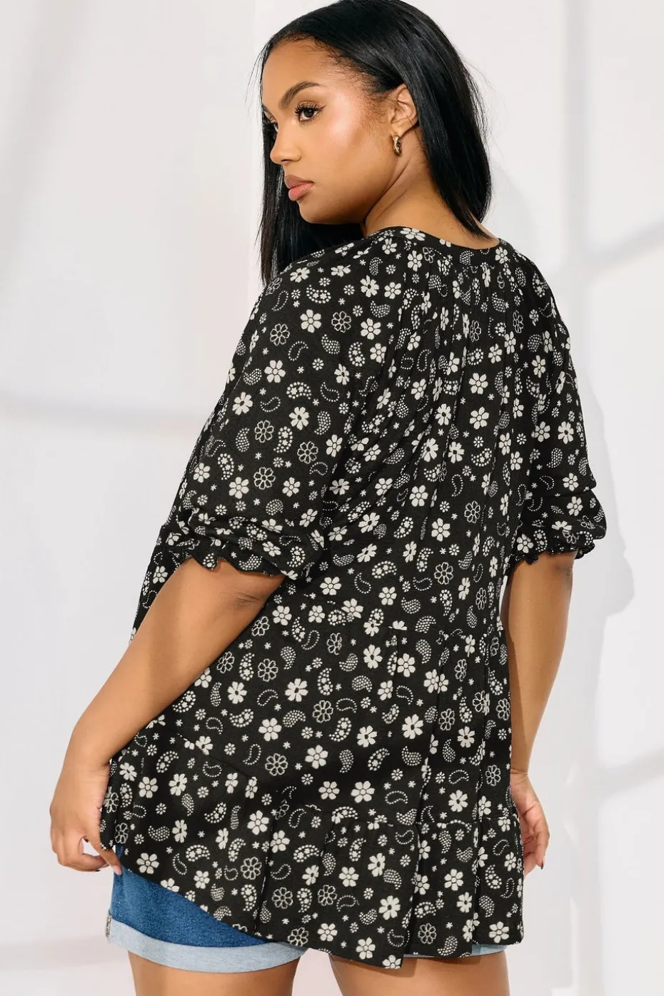 Yours Curve Black Floral Paisley Print Tiered Top