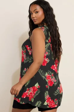 Yours Curve Black Floral Print Pleat Front Vest Top