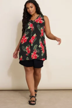 Yours Curve Black Floral Print Pleat Front Vest Top