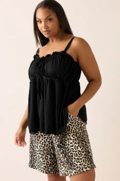 Yours Curve Black Frilled Tie Front Cami Top