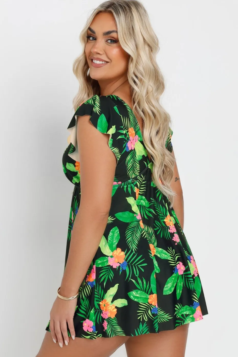 Yours Curve Black Hawaiian Floral Print Swim Dress