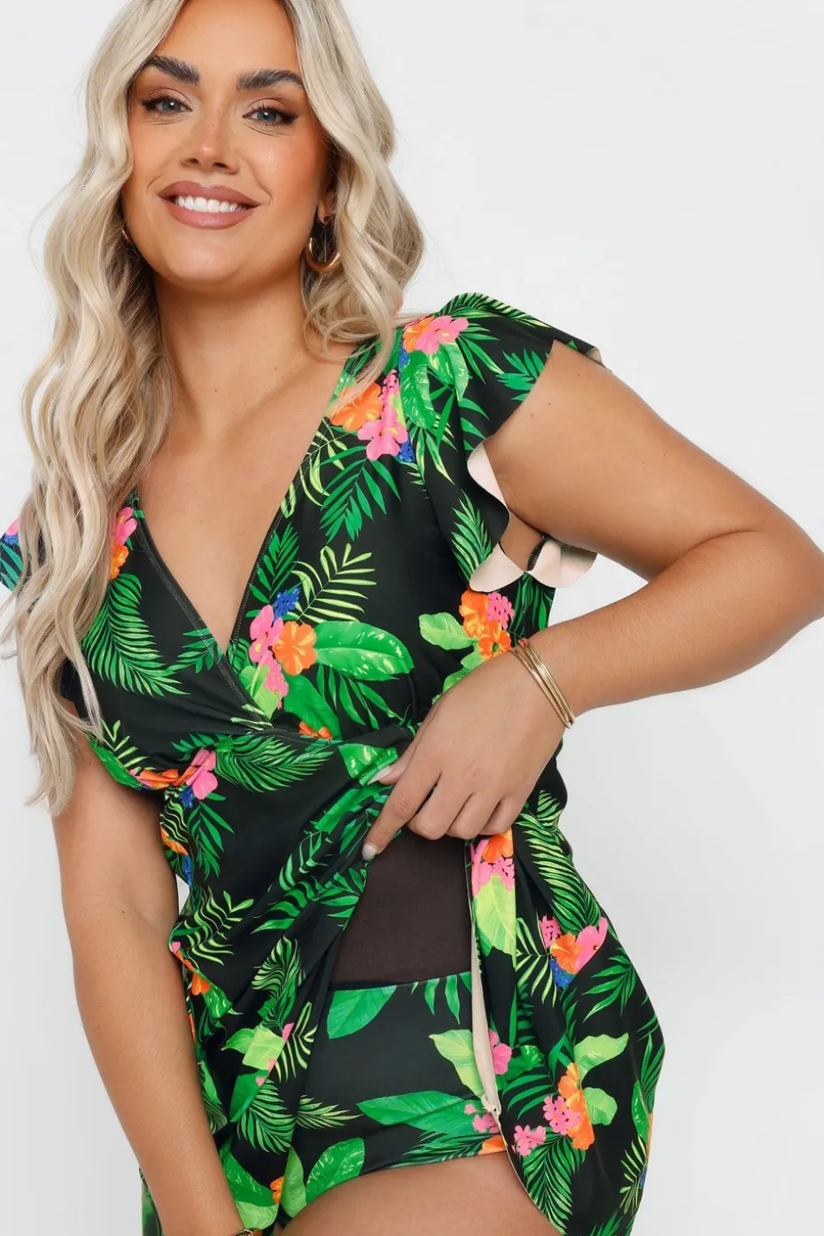 Yours Curve Black Hawaiian Floral Print Swim Dress