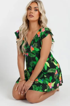 Yours Curve Black Hawaiian Floral Print Swim Dress