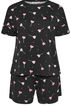 Yours Curve Black Heart Lollipop Short Pyjama Set