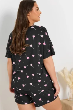 Yours Curve Black Heart Lollipop Short Pyjama Set