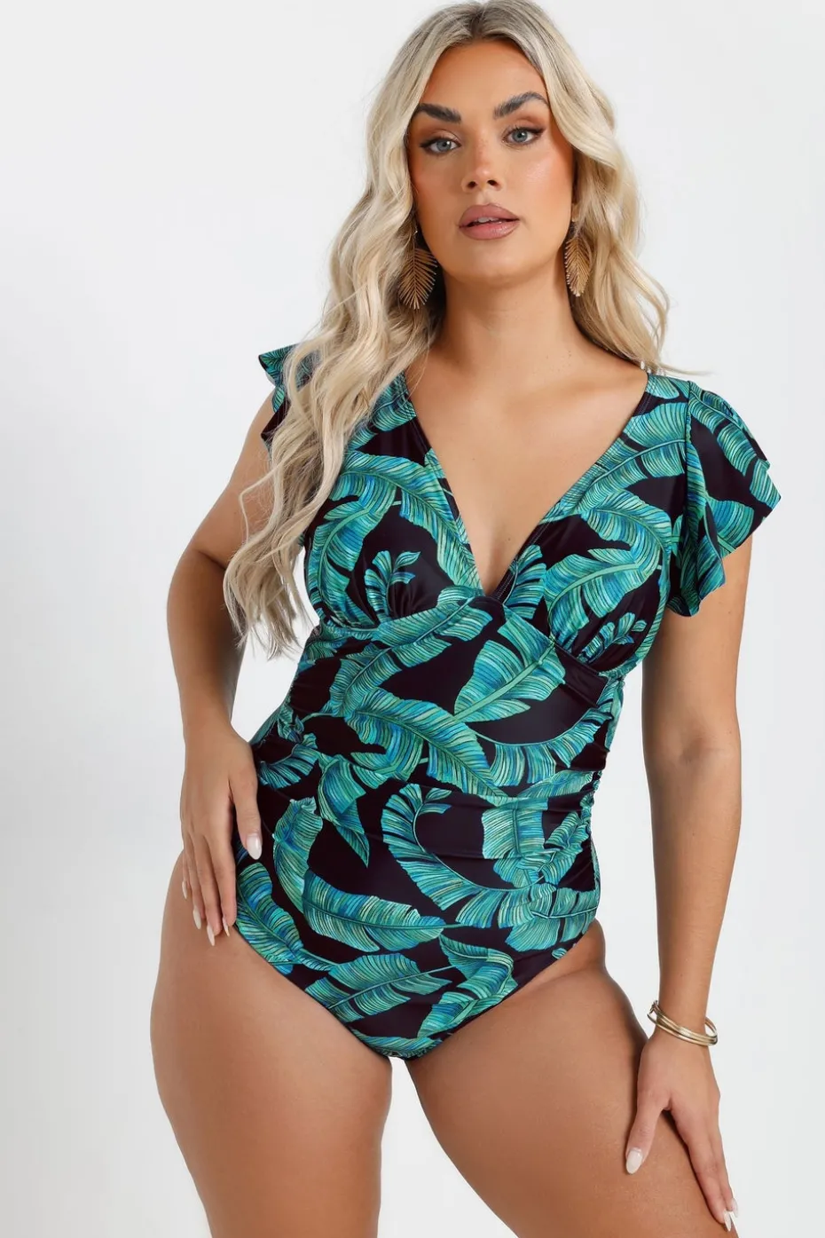 Yours Curve Black Leaf Print Frill Sleeve Swimsuit