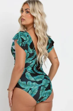 Yours Curve Black Leaf Print Frill Sleeve Swimsuit