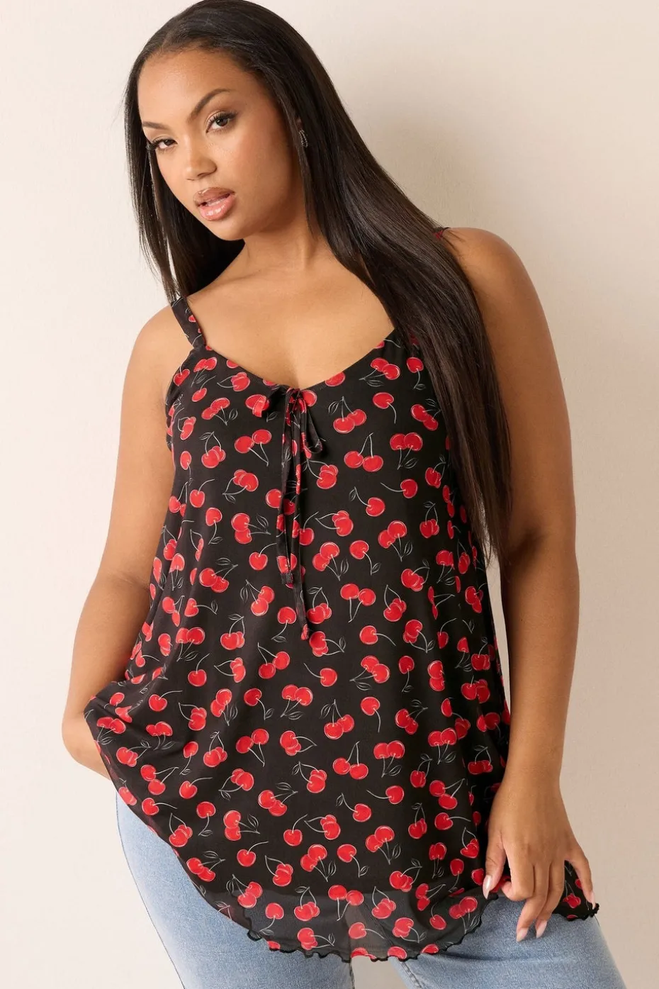Yours Curve Black Mesh Cherry Graphic Tie Vest Top