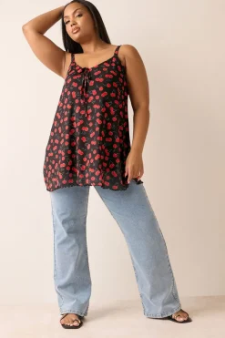 Yours Curve Black Mesh Cherry Graphic Tie Vest Top