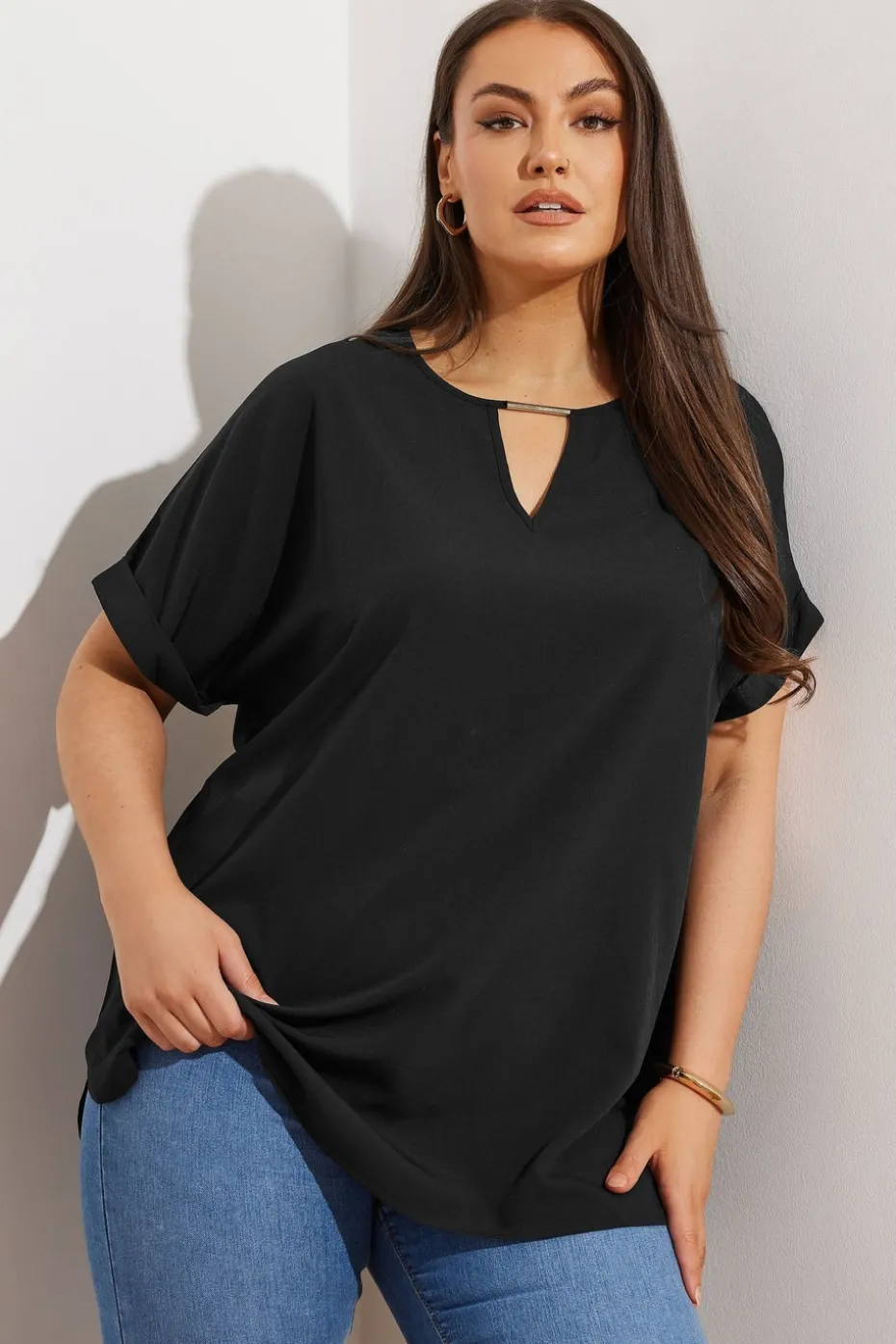 Yours Curve Black Notch Neck Blouse