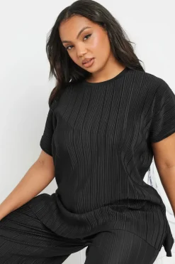 Yours Curve Black Plisse Top