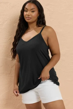 Yours Curve Black Ribbed Swing Cami Top