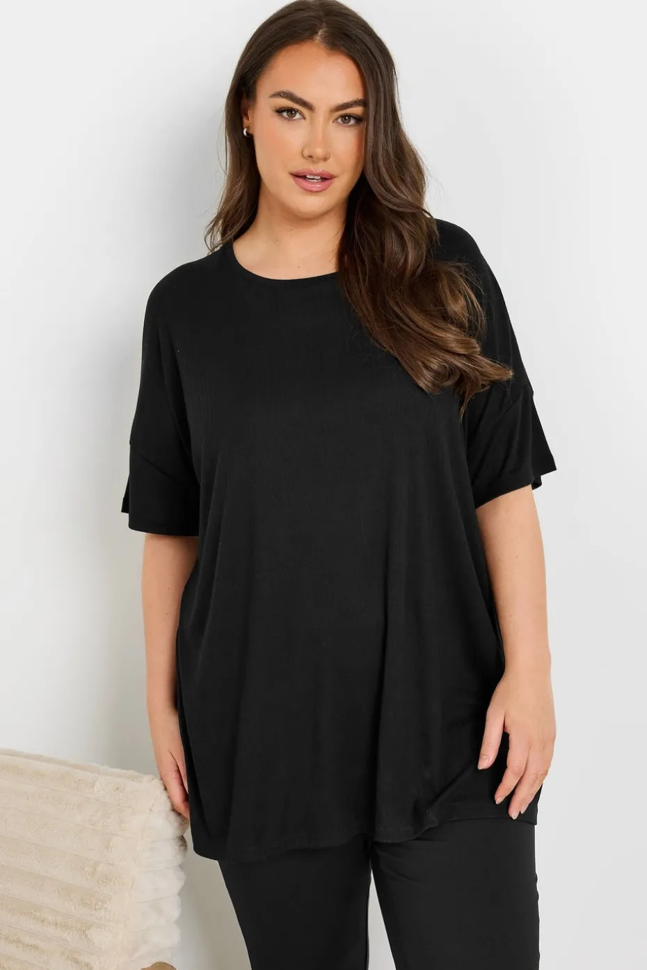 Yours Curve Black Soft Touch Ribbed Pyjama Top