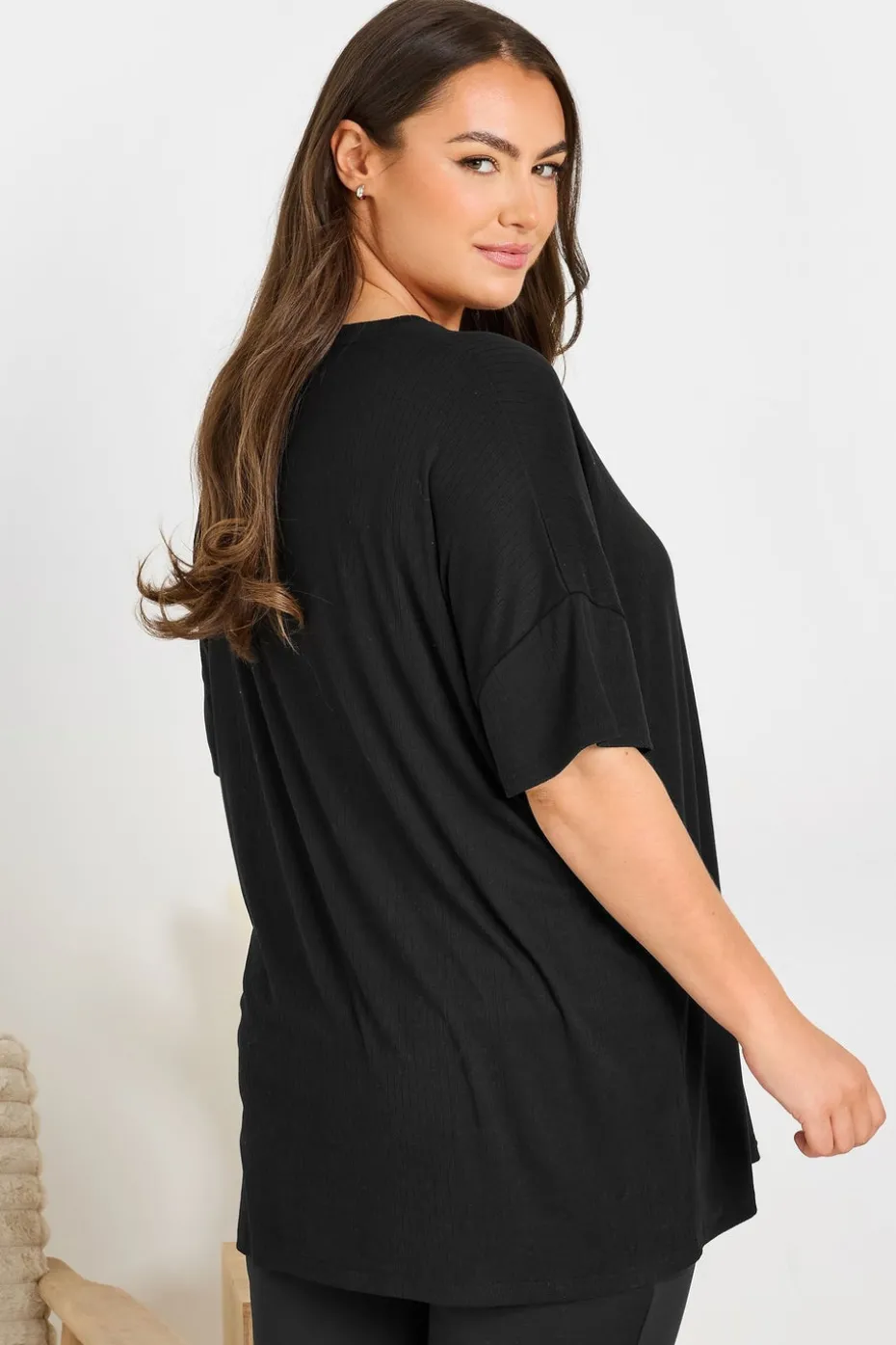 Yours Curve Black Soft Touch Ribbed Pyjama Top