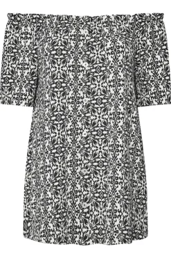 Yours Curve Black Textured Tile Print Bardot Top