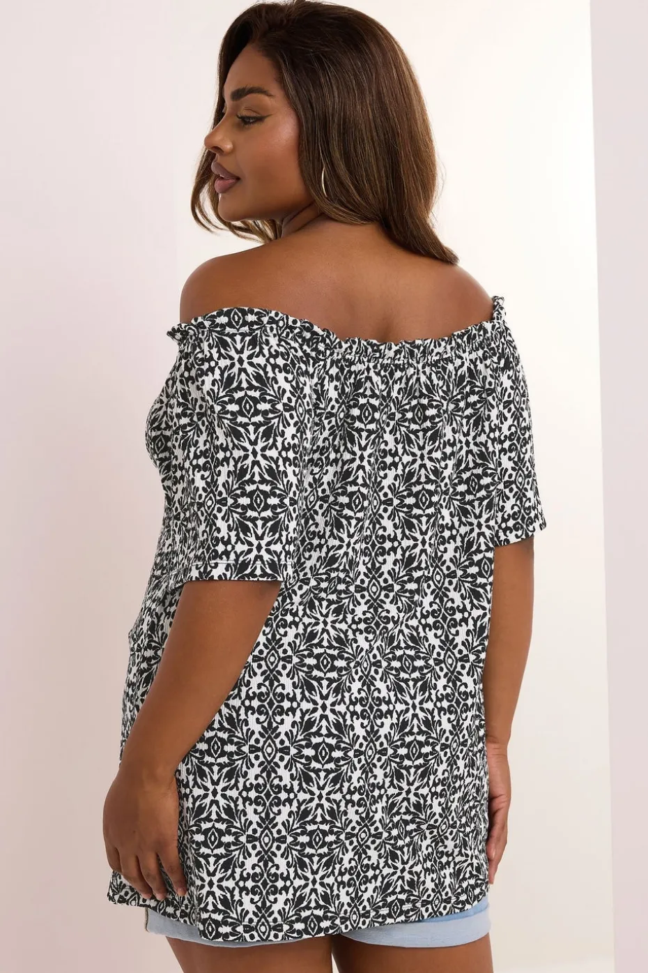 Yours Curve Black Textured Tile Print Bardot Top