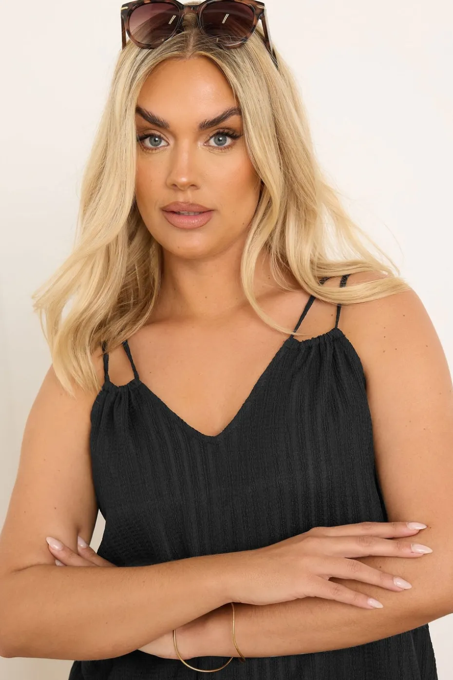 Yours Curve Black Textured Double Strap Cami Top