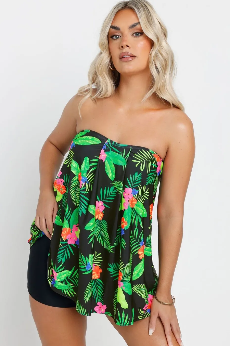 Yours Curve Black Tropical Print A-Line Tankini Top