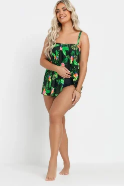 Yours Curve Black Tropical Print A-Line Tankini Top