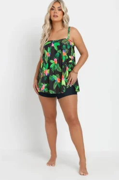 Yours Curve Black Tropical Print A-Line Tankini Top
