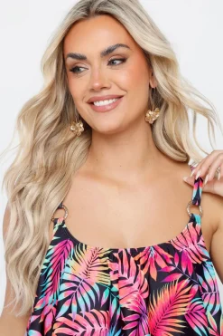 Yours Curve Black Tropical Print Frill Bikini Top