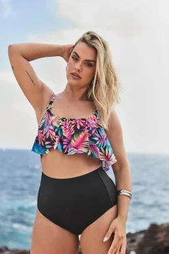 Yours Curve Black Tropical Print Frill Bikini Top