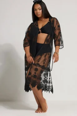 Yours Curve Black Western Lace Kimono