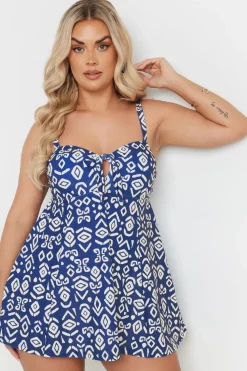 Yours Curve Blue Abstract Print Tie Front Swimdress