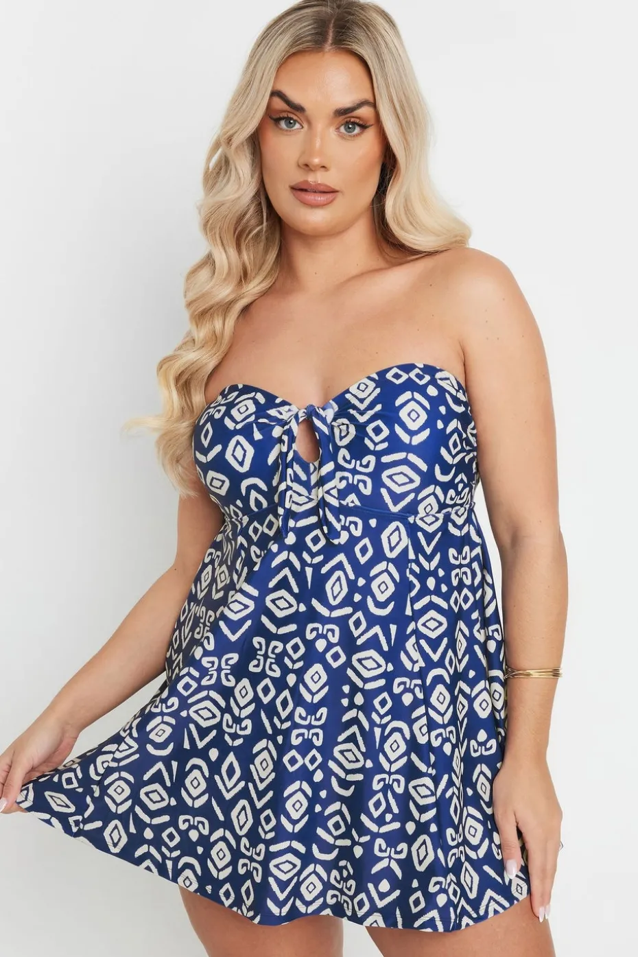 Yours Curve Blue Abstract Print Tie Front Swimdress