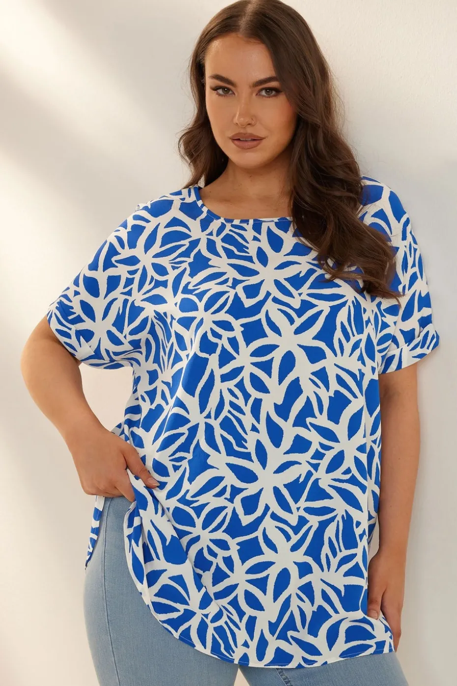 Yours Curve Blue Abstract Floral Print Boxy Short Sleeve Blouse