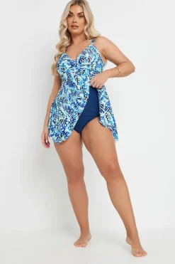 Yours Curve Blue Animal Print Wrap Tankini Top