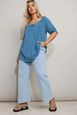 Yours Curve Blue Chambray Tie Neck Top