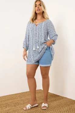 Yours Curve Blue Ditsy Floral Print Tie Neck Top