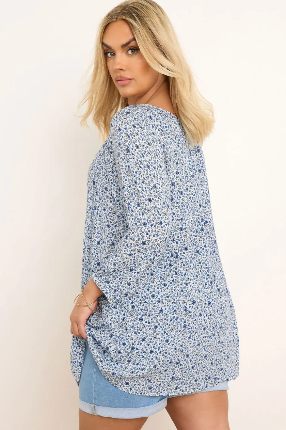 Yours Curve Blue Ditsy Floral Print Tie Neck Top