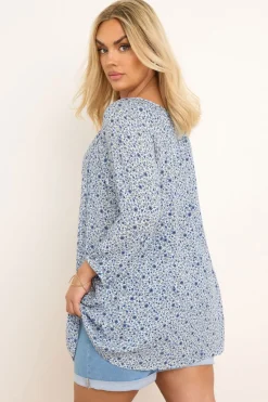 Yours Curve Blue Ditsy Floral Print Tie Neck Top