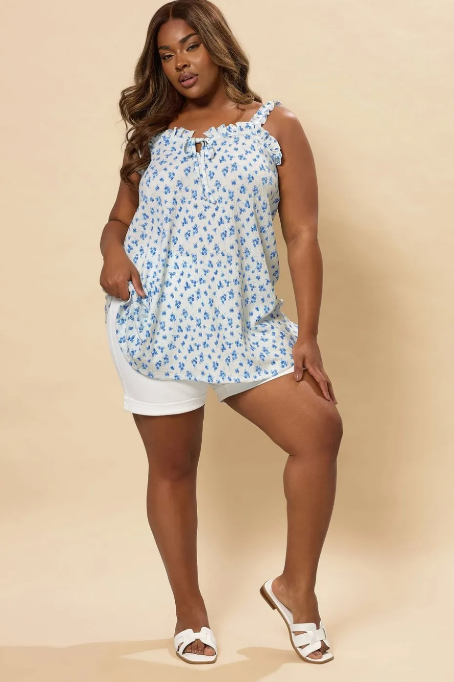 Yours Curve Blue Ditsy Floral Tie Neck Frill Cami Top