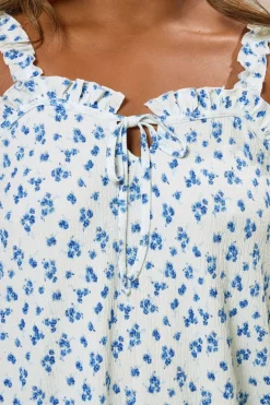 Yours Curve Blue Ditsy Floral Tie Neck Frill Cami Top