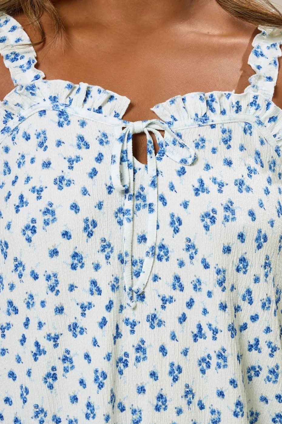 Yours Curve Blue Ditsy Floral Tie Neck Frill Cami Top