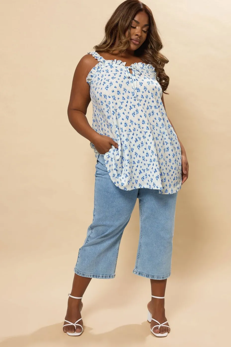 Yours Curve Blue Ditsy Floral Tie Neck Frill Cami Top