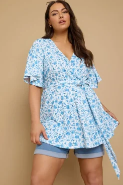Yours Curve Blue Floral Print Ribbed Wrap Top