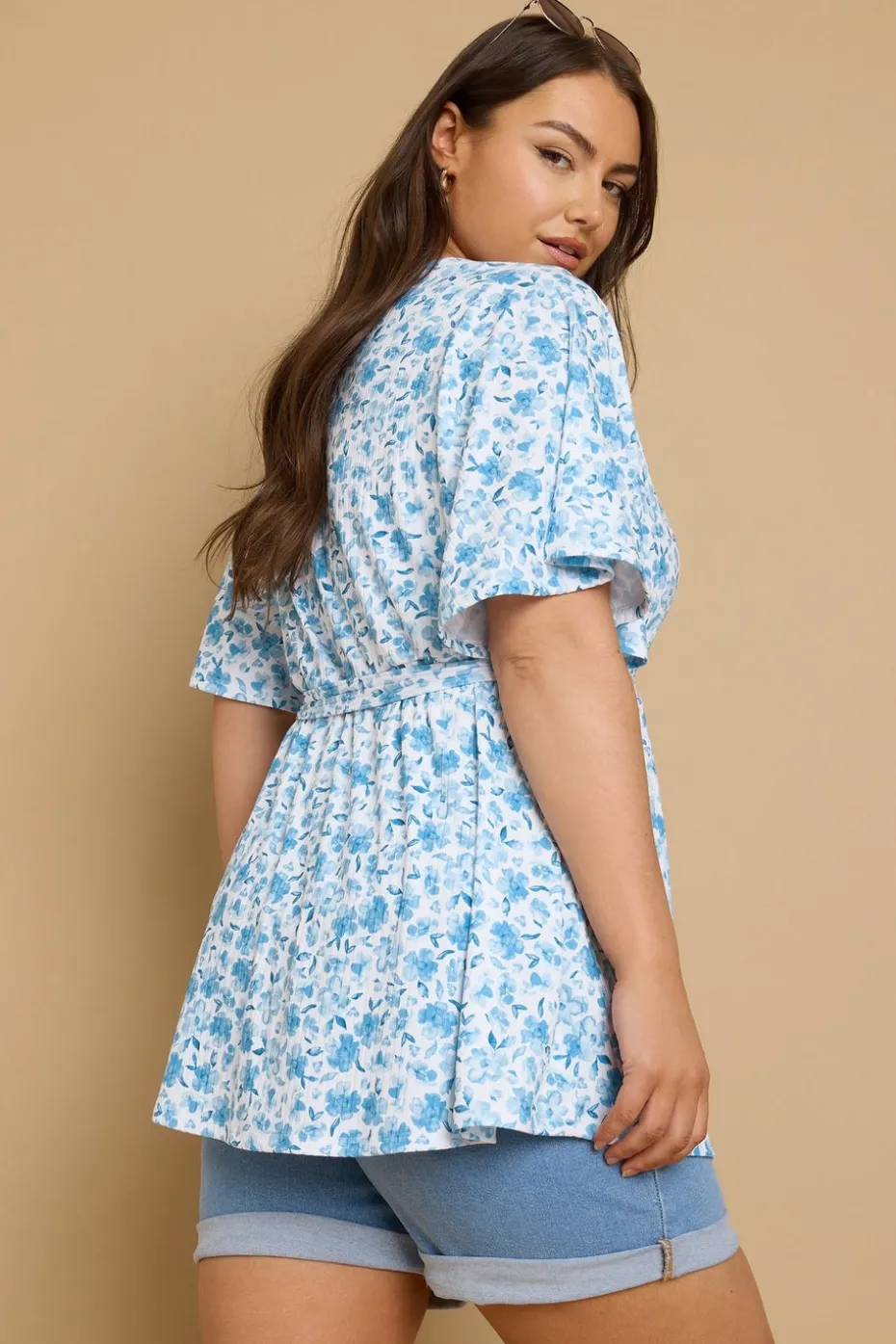 Yours Curve Blue Floral Print Ribbed Wrap Top