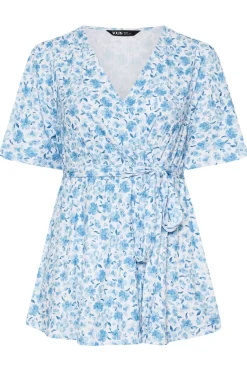 Yours Curve Blue Floral Print Ribbed Wrap Top