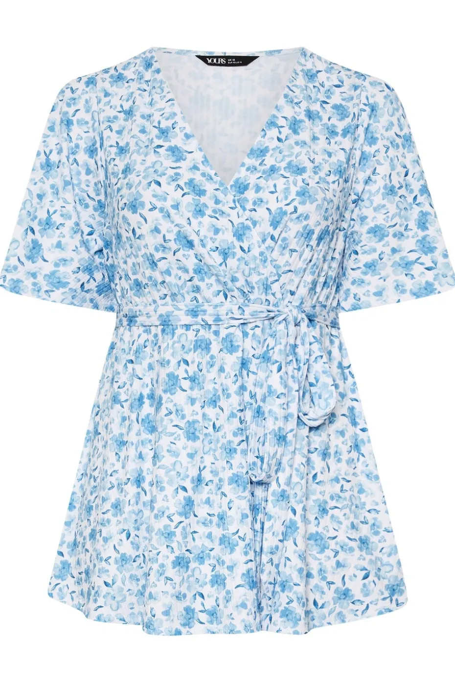 Yours Curve Blue Floral Print Ribbed Wrap Top