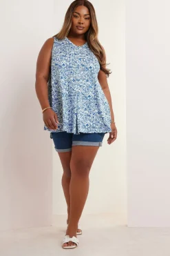 Yours Curve Blue Floral Pleat Front Vest Top