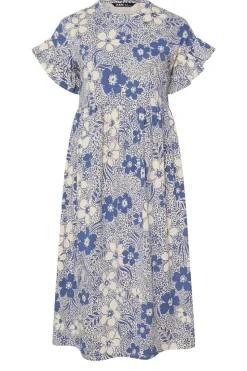 Yours Curve Blue Floral Print Frill Sleeve Midaxi Dress