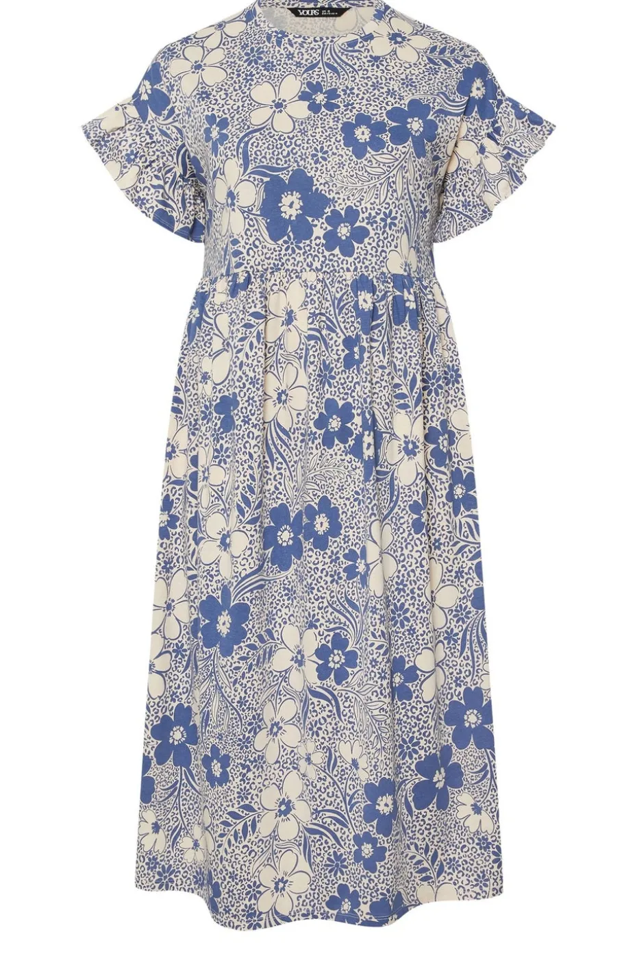 Yours Curve Blue Floral Print Frill Sleeve Midaxi Dress