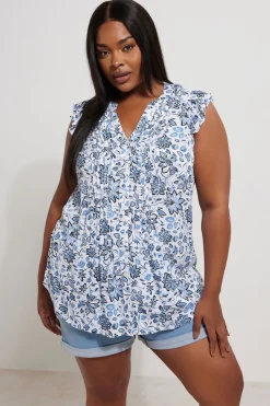 Yours Curve Blue Floral Sleeveless Pintuck Blouse