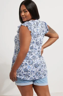 Yours Curve Blue Floral Sleeveless Pintuck Blouse